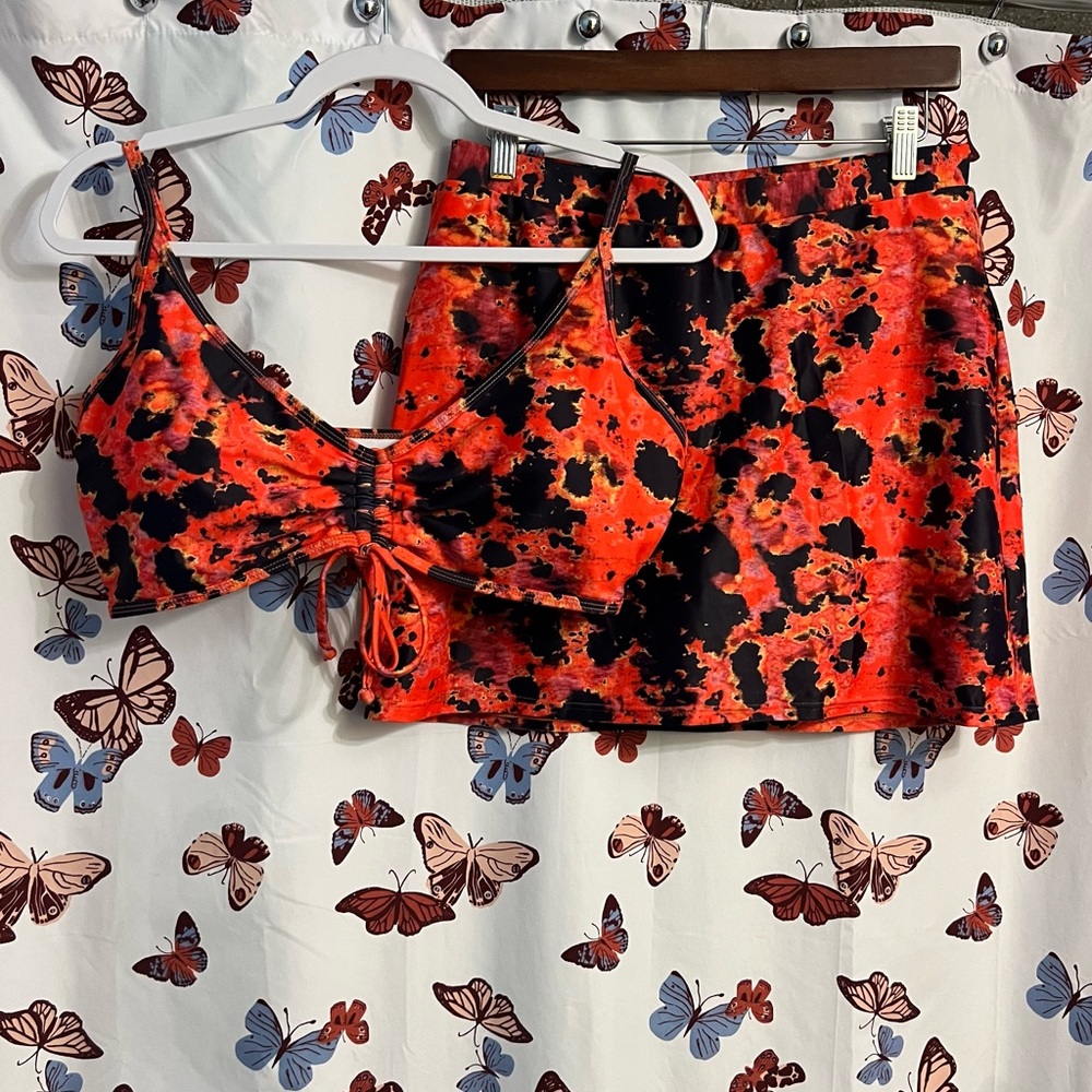 Red and Black Tie-Dye Skirt and Top Set